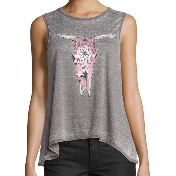 Chaser Tops - Chaser Floral Cow Skull Swing Tank XS